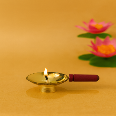 Brass Diya with Wooden Handle 1 Brass Diya with Wooden